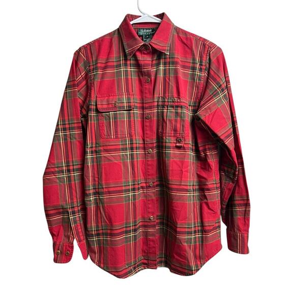 Lauren Ralph Lauren Red Olive Plaid Long Sleeve Button Front Small - Picture 1 of 11